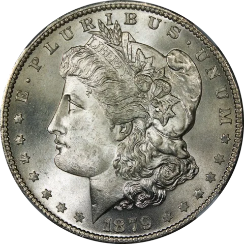 An 1879 Morgan silver dollar, obverse